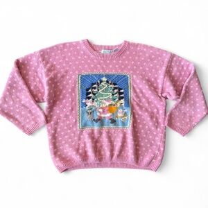Vintage Hand Embroidered Knit Pink Christmas Sweater Women’s PL Petite Large